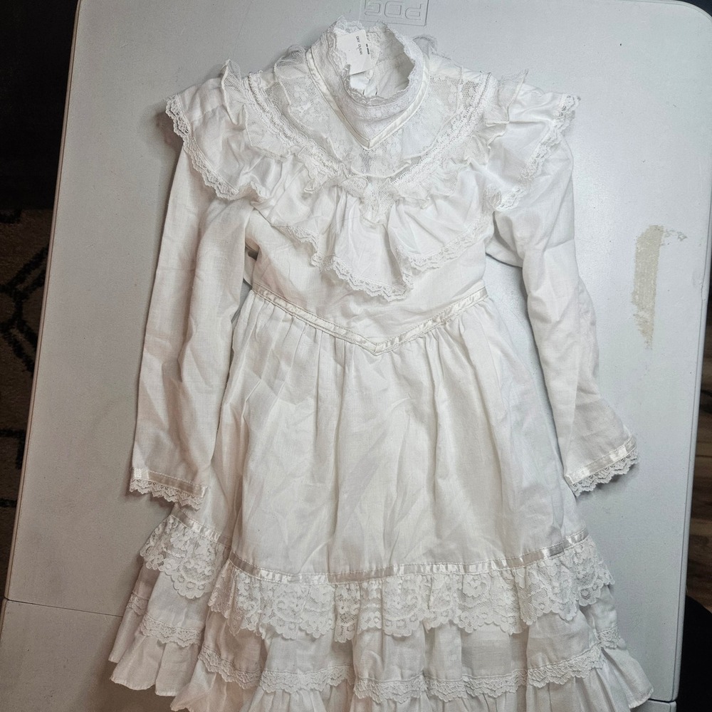 Vintage Gunne Sax Jessica McClintock White Lace Prairie Dress Pearl Trim Size 4